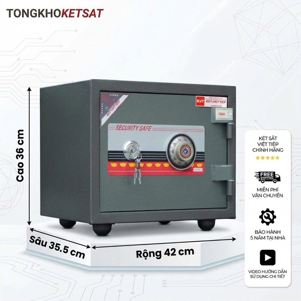 Két Sắt Việt Tiệp Khoá Cơ KVT25 chống cháy bảo hành 5 năm, 40kg, đựng vừa A4