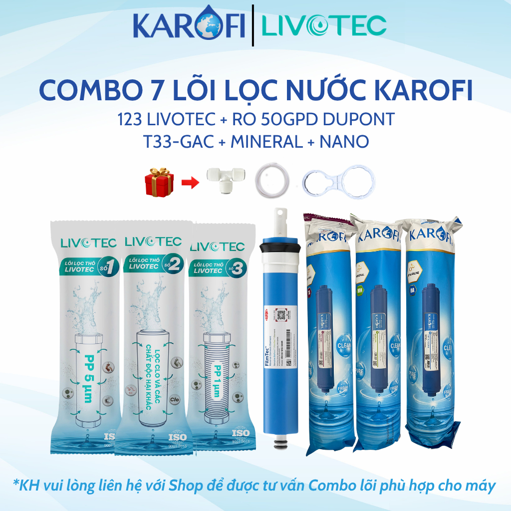 Combo 7 Lõi Lọc Karofi Gồm Lõi 123 Livotec - Màng RO50GPD Dupont Mỹ - 3 Lõi Chức Năng T33, Mineral, 