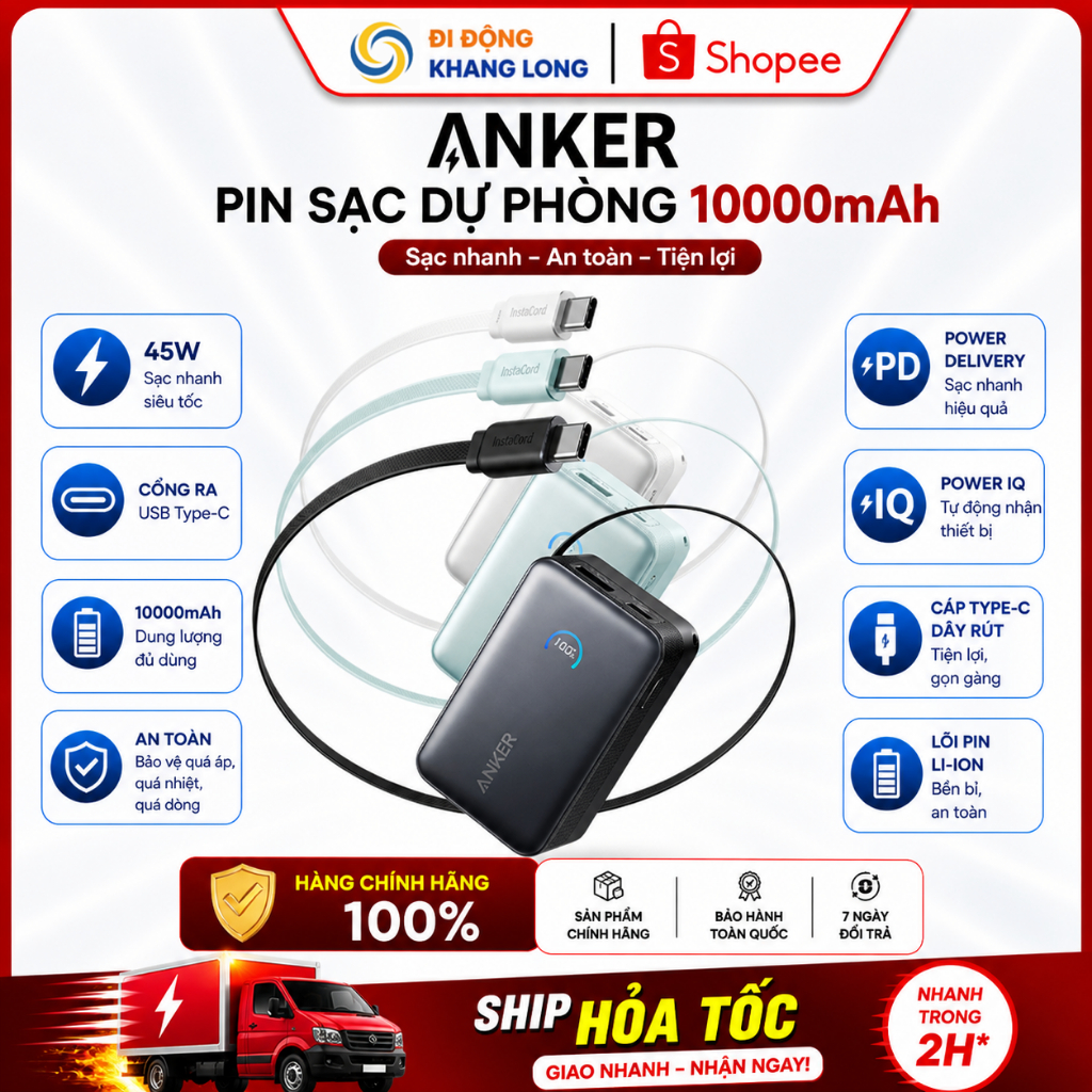 Pin sạc dự phòng 10000mAh Type C PD QC 3.0 45W Anker A1638 kèm cáp dây rút Type C