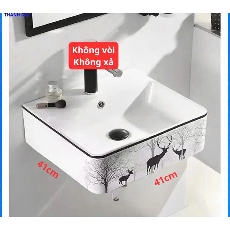 Chậu lavabo Chậu rửa mặt lavabo hoa văn TREO TƯỜNG hay Đặt Bàn Đá VUÔNG CON HƯƠU TREO TƯỜNG,men NANO