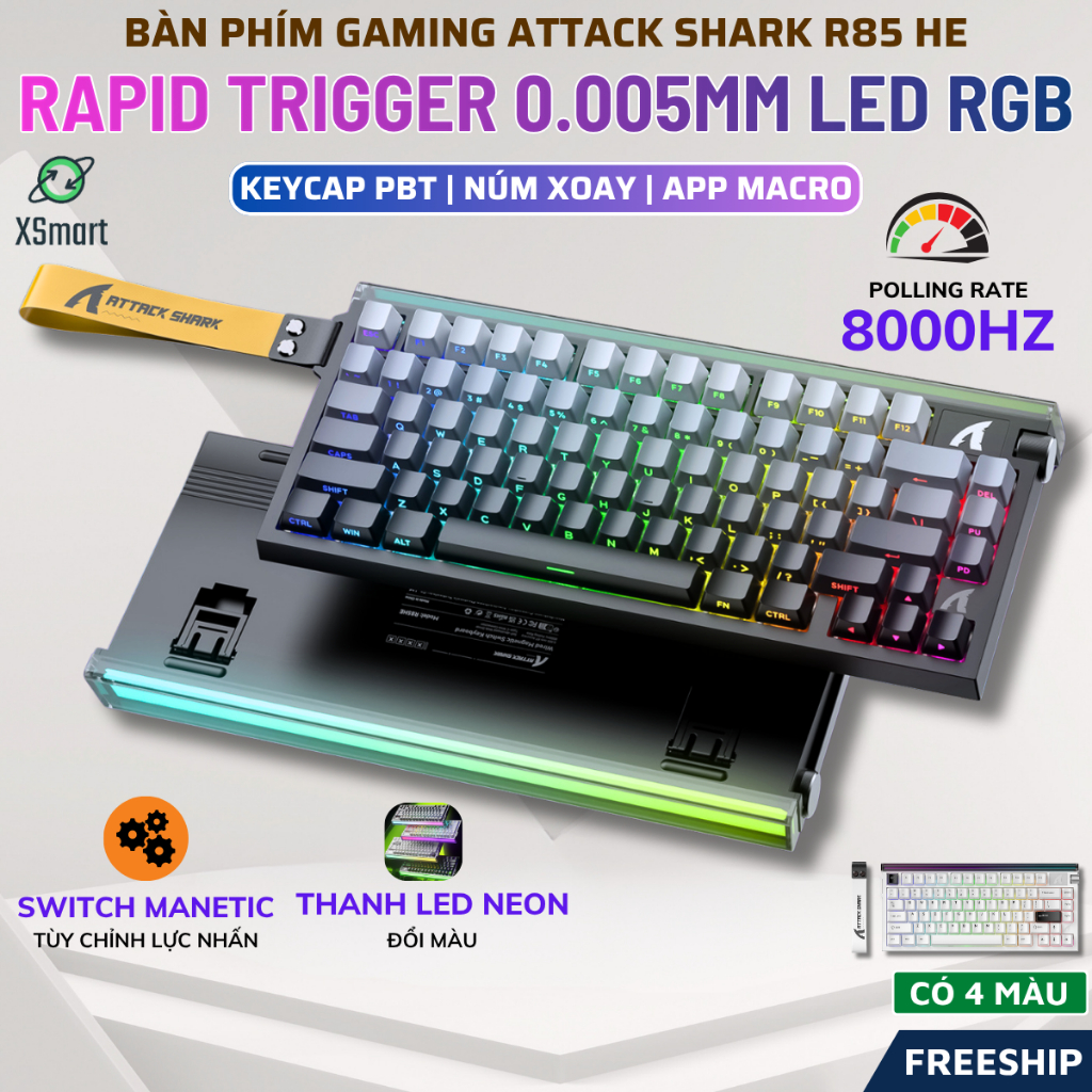 Bàn Phím Gaming Attack Shark R85 HE Switch Từ Tính, Rapid Trigger 0.005mm, 8KHz, LED RGB Neon Box