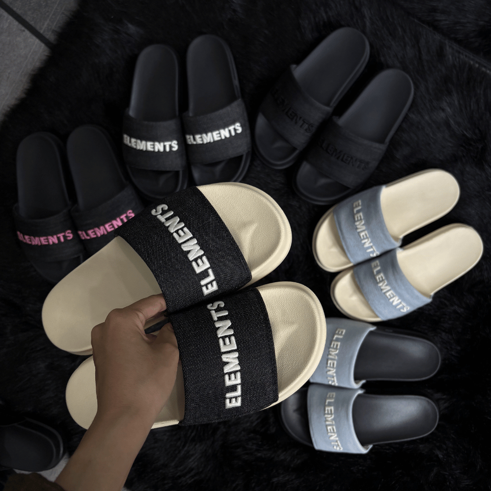 [TẶNG VỚ] E07 - Dép ELements Classic Denim unisex chữ thêu - ( Slipper ) Dép Elements vải jean