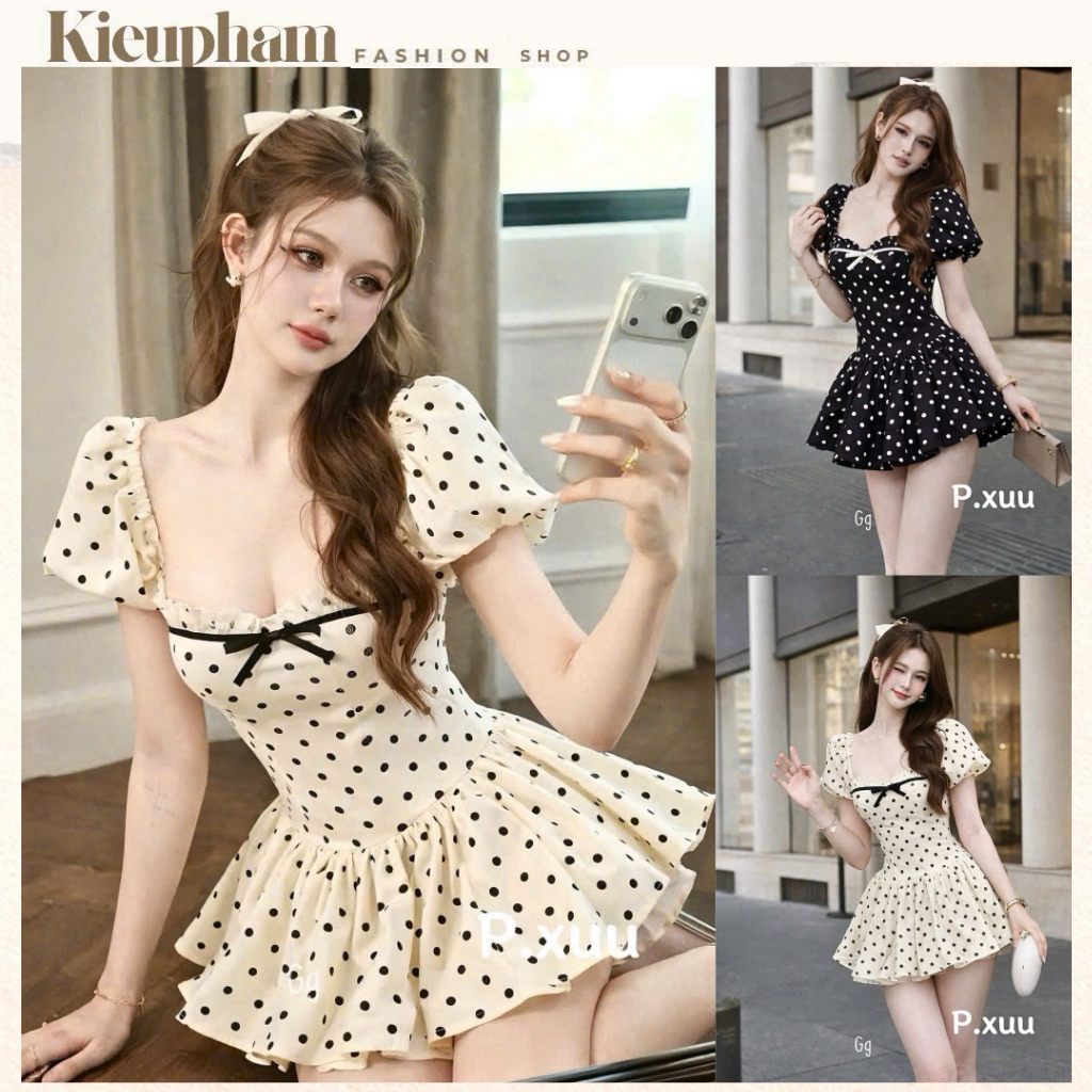Đầm Chấm Bi Nơ Ngực Dáng Xòe Tiểu Thư Tay Bồng Form Ngắn Tôn Dáng Xinh Xắn Kieupham | BigBuy360 - bigbuy360.vn