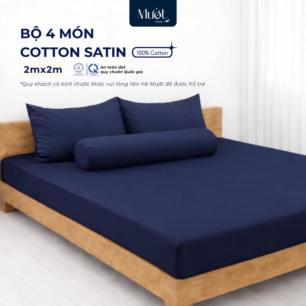 Bộ ga gối 4 món nệm size 2mx2m Cotton Satin Mướt Home cao cấp trơn màu