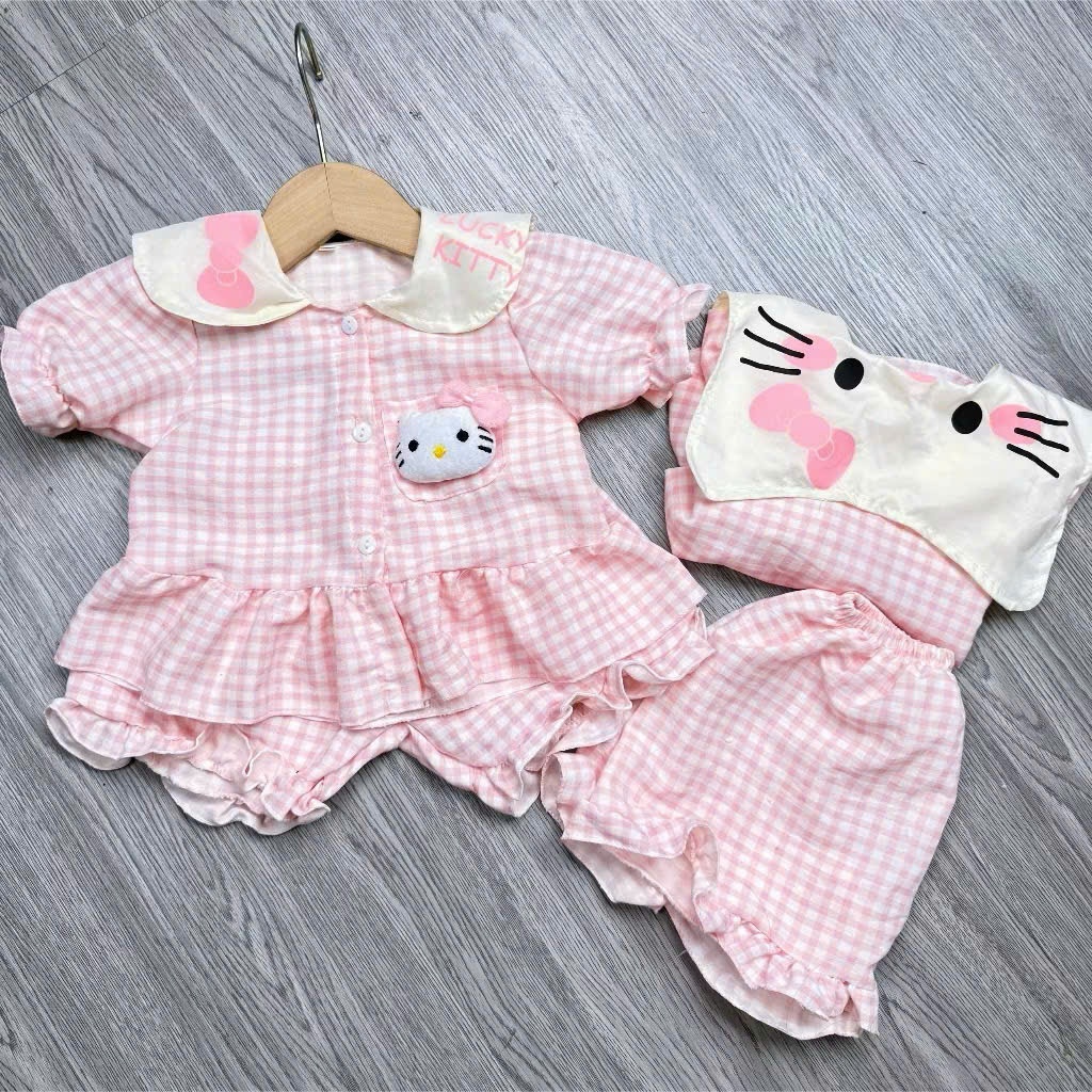 Đồ bộ bé gái, Pijama cho bé gái, Set pijama Hello Kitty kẻ caro phối bèo phong cách tiểu thư cho bé 