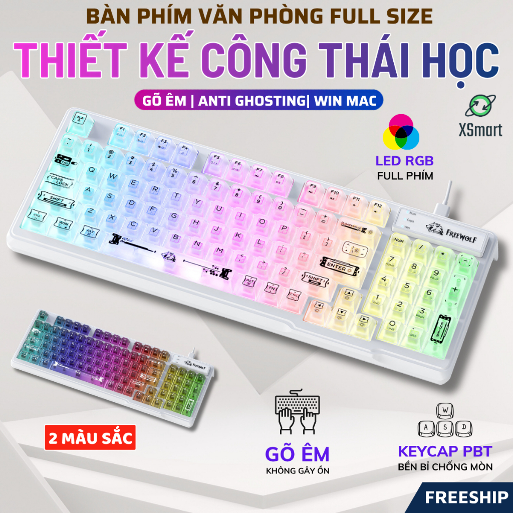 Bàn Phím Văn Phòng Có Dây FreeWolf M95 LED RGB, Keycap Trong Suốt, Gõ Êm Giảm Ồn, Full Size, Win Mac