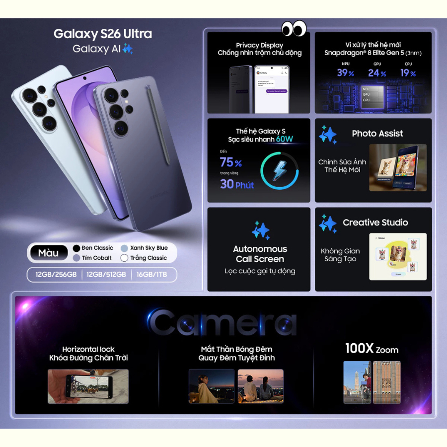 Điện thoại Samsung Galaxy S26 Ultra 12GB | 256GB - Camera 200MP, Hiệu Năng Mạnh Mẽ - Hàng Chính Hãng | BigBuy360 - bigbuy360.vn