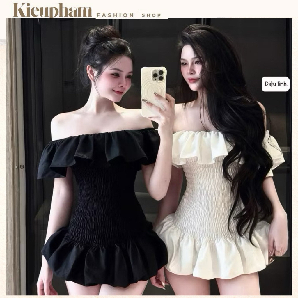 Váy Trễ Vai Chun Nhún Ôm Body Dáng Xòe Ngắn Bèo Tầng Đuôi Cá Tiểu Thư Hàn Quốc Kieupham | BigBuy360 - bigbuy360.vn