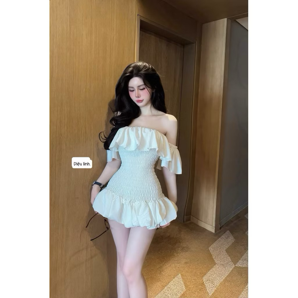 Váy Trễ Vai Chun Nhún Ôm Body Dáng Xòe Ngắn Bèo Tầng Đuôi Cá Tiểu Thư Hàn Quốc Kieupham | BigBuy360 - bigbuy360.vn