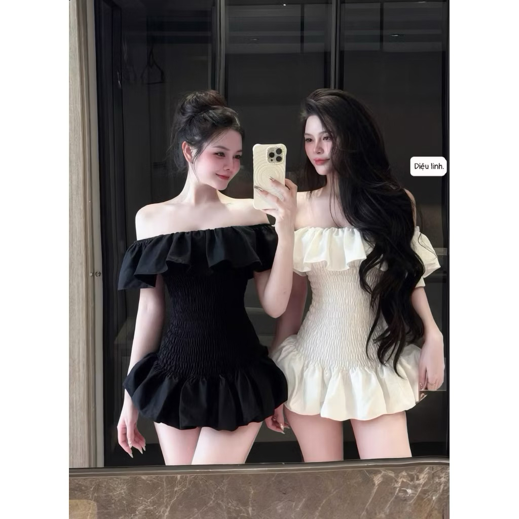 Váy Trễ Vai Chun Nhún Ôm Body Dáng Xòe Ngắn Bèo Tầng Đuôi Cá Tiểu Thư Hàn Quốc Kieupham | BigBuy360 - bigbuy360.vn