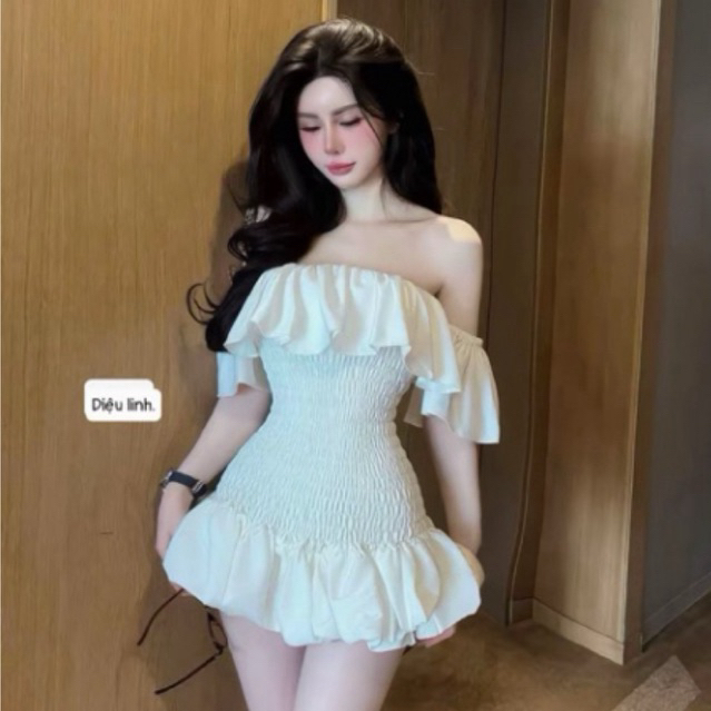 Váy Trễ Vai Chun Nhún Ôm Body Dáng Xòe Ngắn Bèo Tầng Đuôi Cá Tiểu Thư Hàn Quốc Kieupham | BigBuy360 - bigbuy360.vn