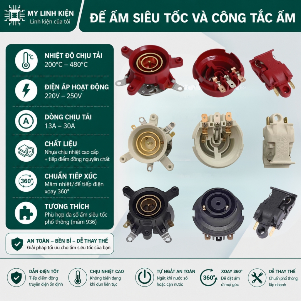 Đế ấm siêu tốc bền bỉ chịu nhiệt độ cao tải 13A - 30A 250V chất lượng cao