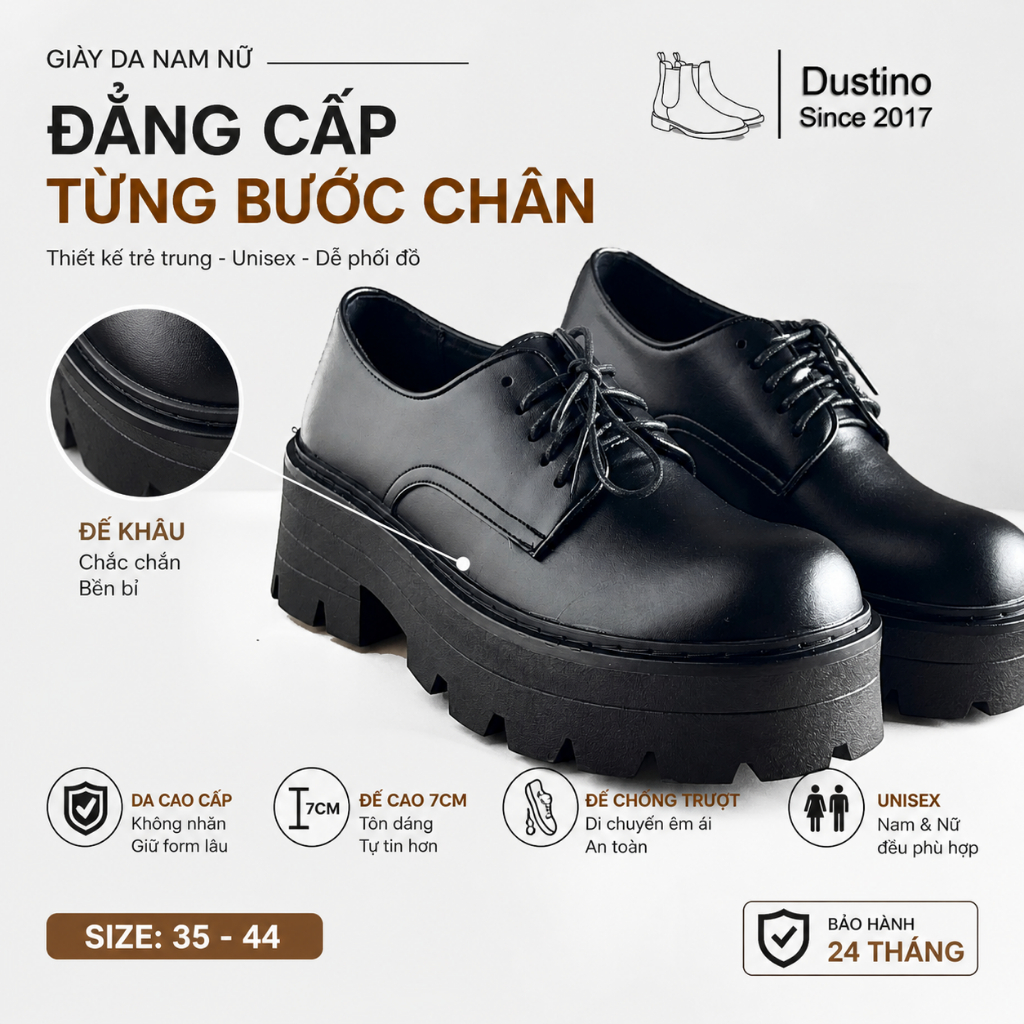 Giày Supper Chunky Derby Mario Dustino 7cm, Giày Chunky Derby Đế Nâng Chiều Cao Commando