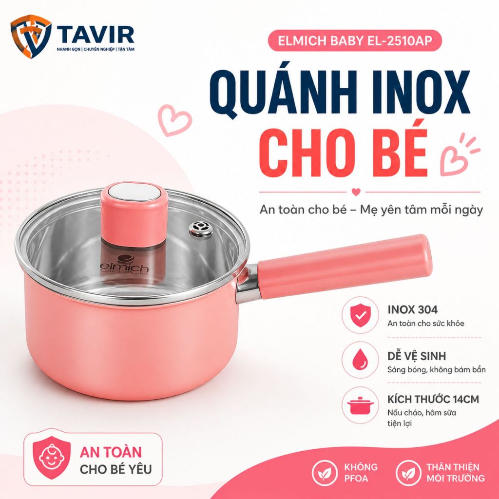 Nồi quánh inox cho bé 14cm Elmich Baby inox 304 an toàn nấu cháo hâm sữa tiện lợi