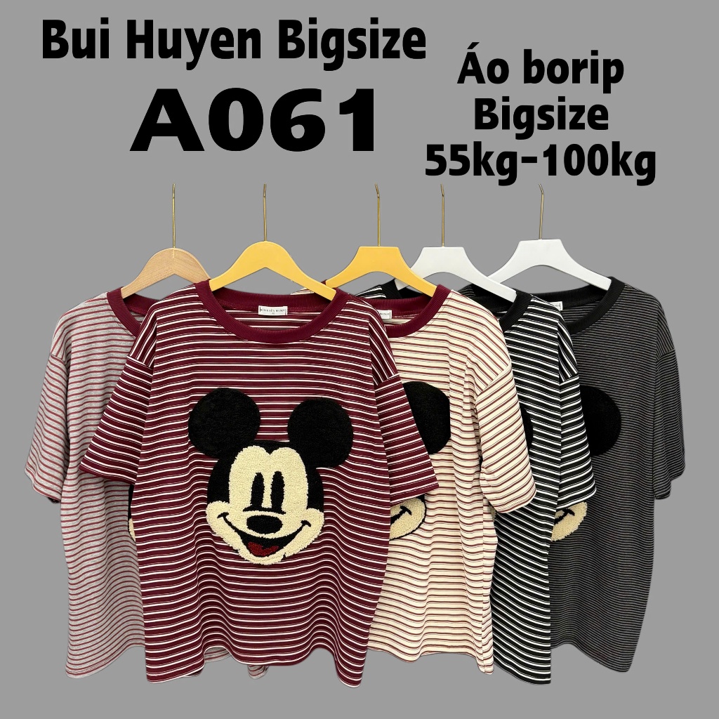 A061-Áo Phông Kẻ Cộc Tay Gắn Hình Mickey Chất Borip BIGSIZE 55-100KG