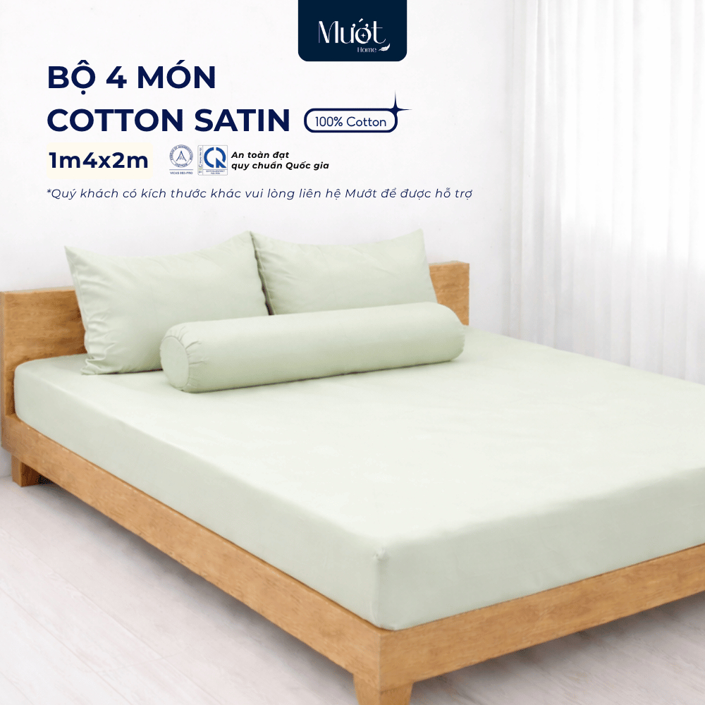 Bộ ga gối 4 món nệm kích thước 1m4x2m Cotton Satin Mướt Home cao cấp trơn màu