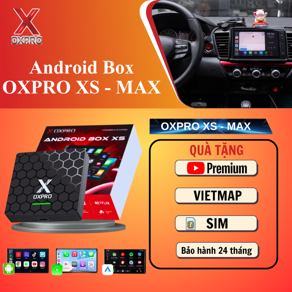 Bộ Carplay Android Box OXPRO MAX hàng chính hãng ,chip 8X - 2025 tặng vietmap s2, YouTube Premium và
