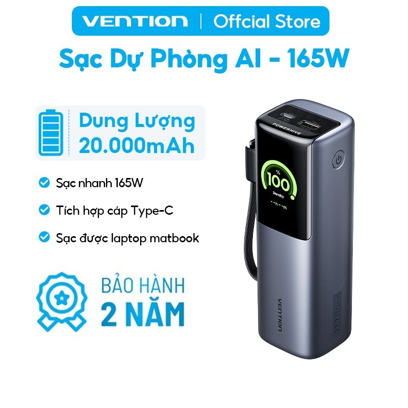 Pin Sạc Dự Phòng 165W 20000mAh Vention Sạc Được Laptop MatBook, Dây Type-C Tích Hợp, Màn Hình AI, 2 Cổng USB-A/C | BigBuy360 - bigbuy360.vn