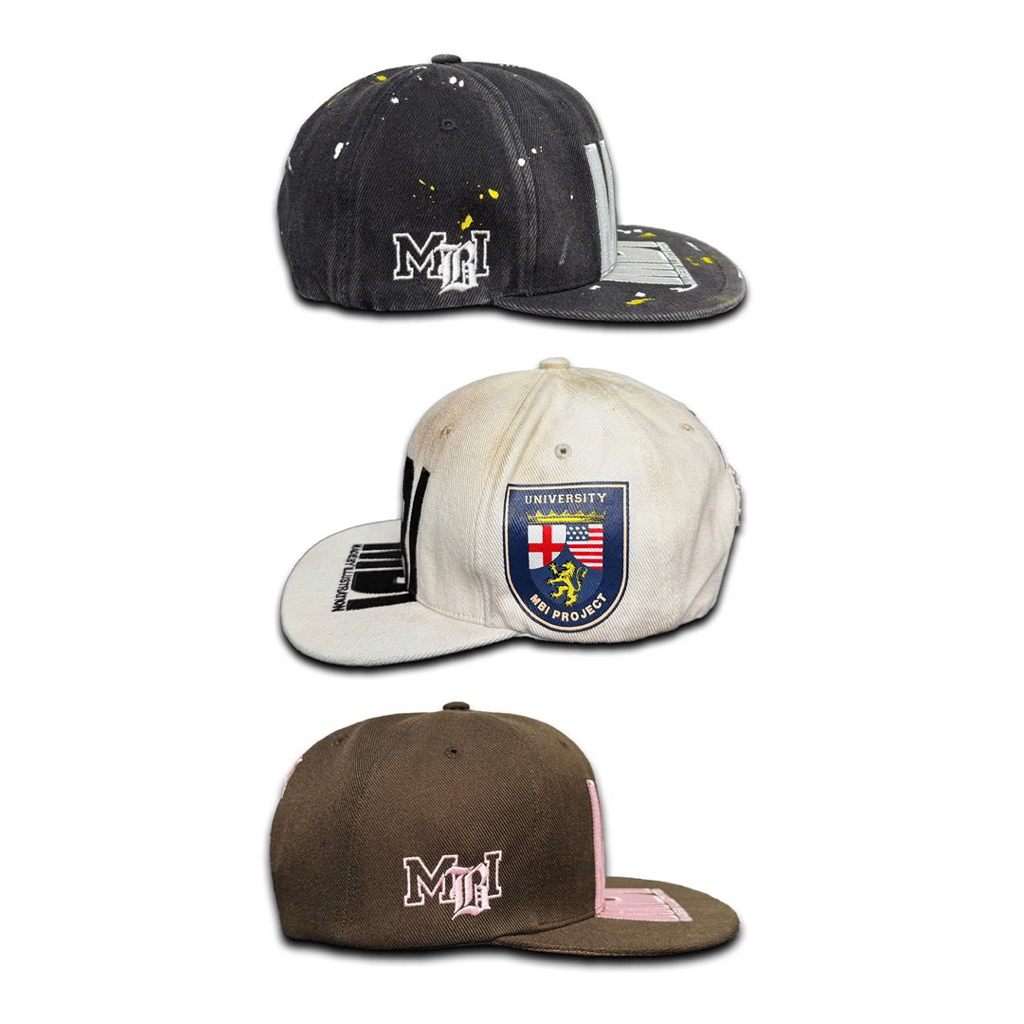 MBI | UNIVERSITY SNAPBACK | mbi.project/ chi tiết trên nón được thêu và in lụa, vải washed & phun mà