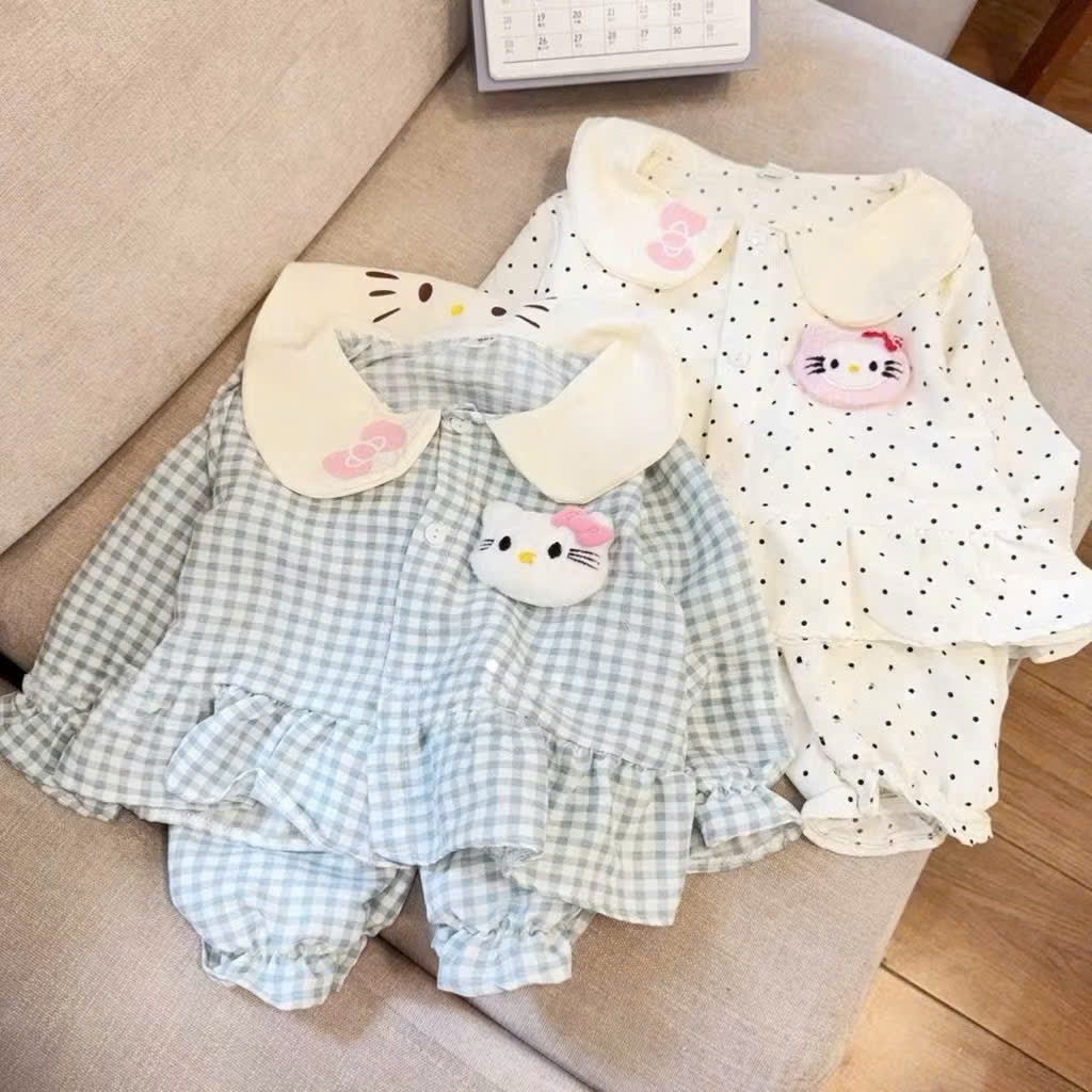 Đồ bộ bé gái, Pijama cho bé gái, Set pijama Hello Kitty kẻ caro phối bèo phong cách tiểu thư cho bé 