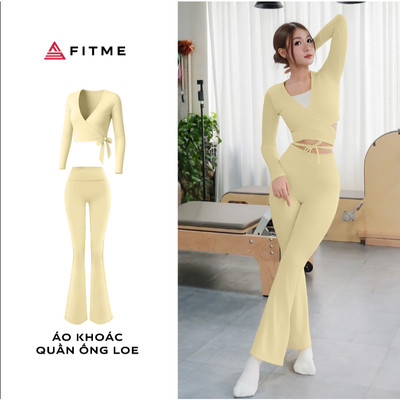 Bộ đồ tập Pilates Yoga nữ Fitme áo khoác Glow phối quần ống loe vàng pastel co giãn tôn dáng thoáng khí