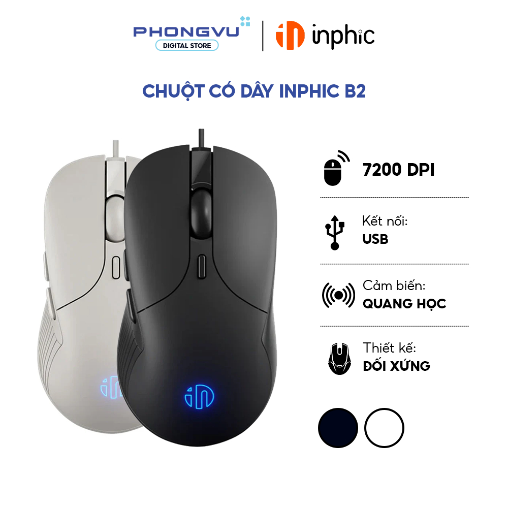 Chuột có dây Inphic B2 - 7200 DPI - LED 4 màu - Dây 150cm - Thiết kế đối xứng - Bảo hành 12 tháng
