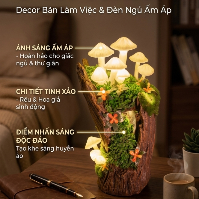 Đèn ngủ nấm phát sáng decor bàn làm việc, bàn tivi,... Đèn led usb liên tục phát sáng nhẹ nhàng dễ chịu thư giãn.