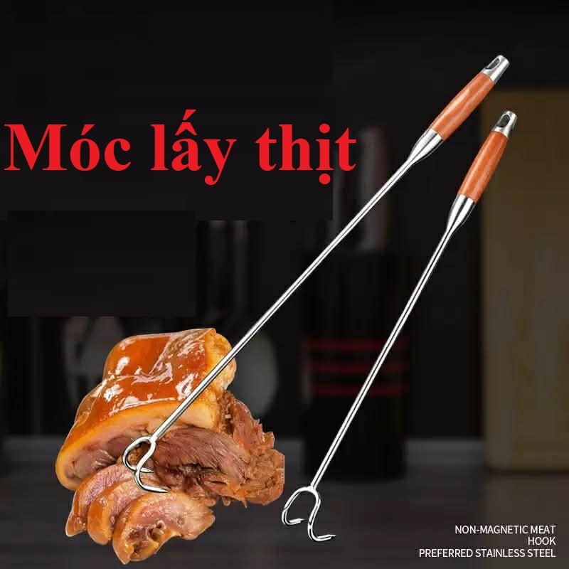 Móc dài inox lấy thịt trong nồi nóng, chống bỏng tay - Móc inox treo thịt dài 50cm
