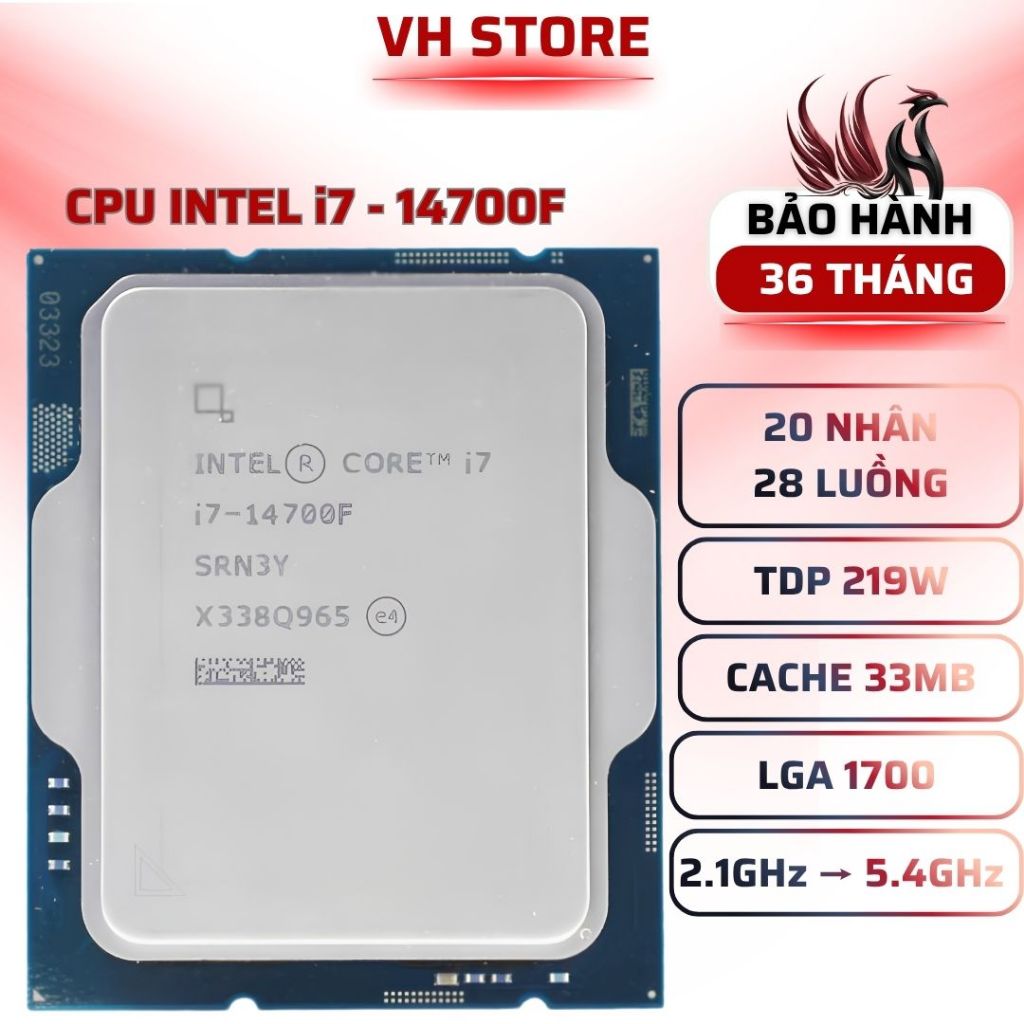 CPU Intel Core i7-14700F 20C28T 5.4GHz LGA1700 Gen 14 - BẢO HÀNH 36 THÁNG - VHSTORE