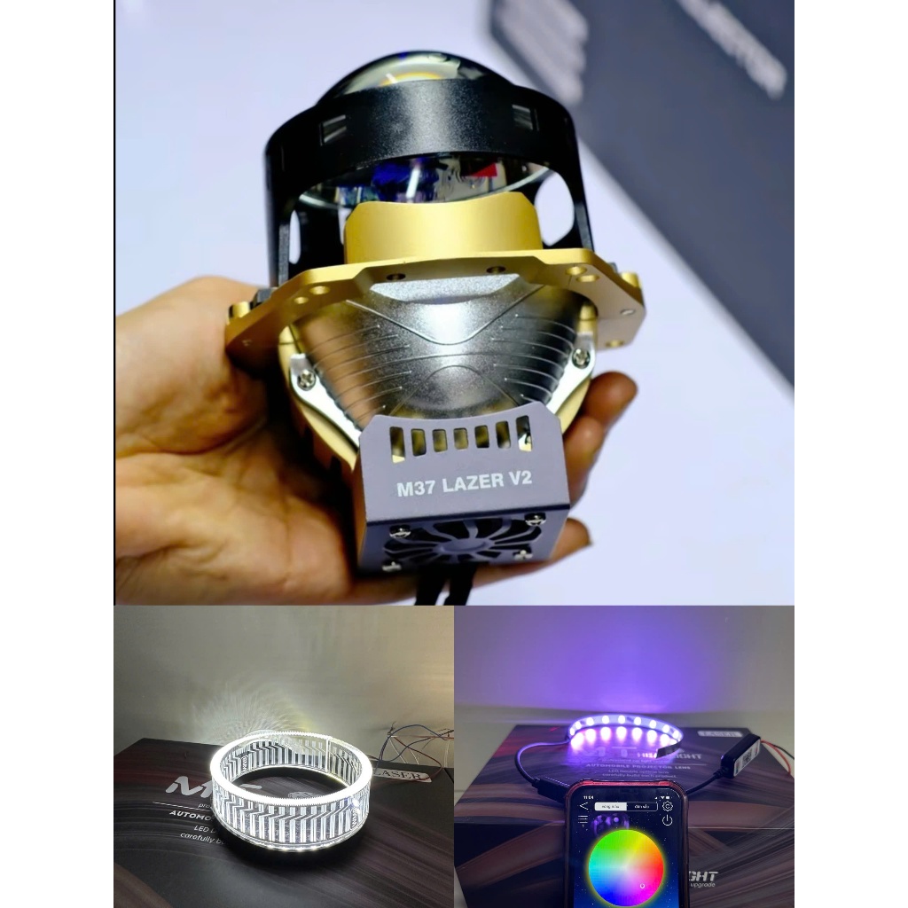 ComBo Bi Cầu M37 Lazer V2 Kèm Led Mắt Quỷ App + Vòng 3D Trắng Công Xuất 80W Lắp cho Oto Và Xe Máy ( 