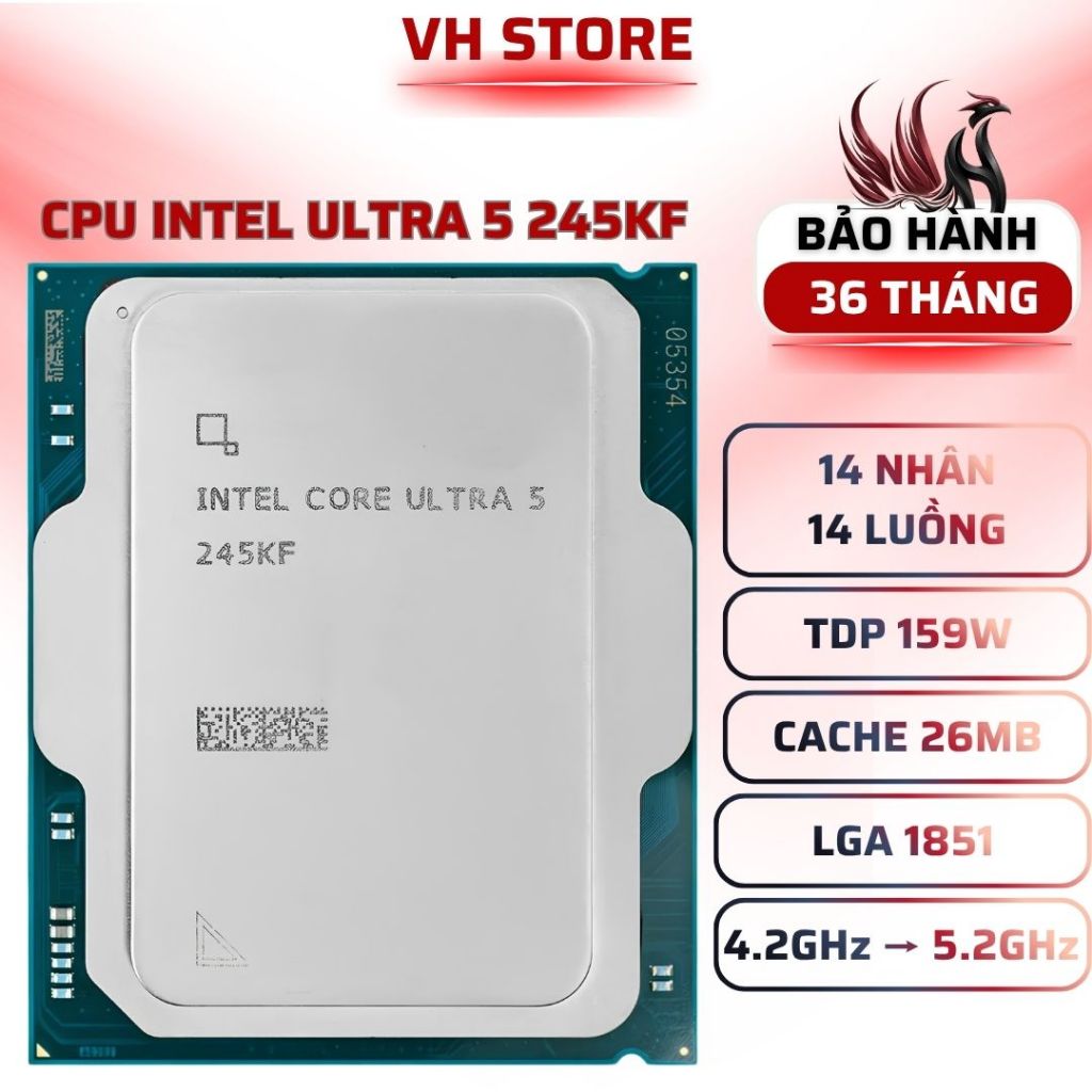 CPU Intel Core Ultra 5 245KF 14C 5.2GHz LGA1851 DDR5 AI - BẢO HÀNH 36 THÁNG - VHSTORE