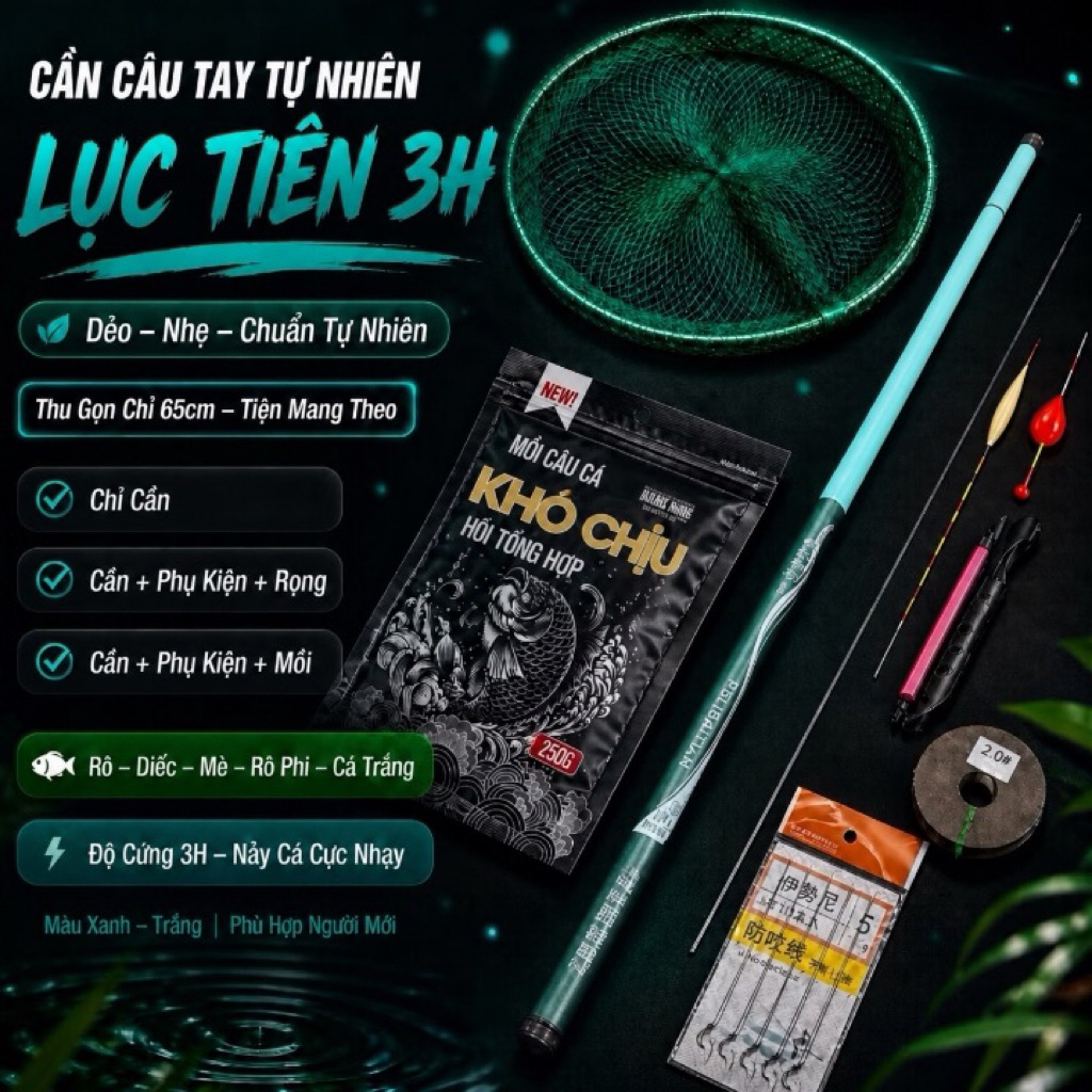 Cần Câu Tay Tự Nhiên Lục Tiên Độ Cứng 3H – Gẩy Rô Diếc, Mềm Nhạy, Nâng Cá Tốt – Siêu Bền, Nhẹ, Giá R
