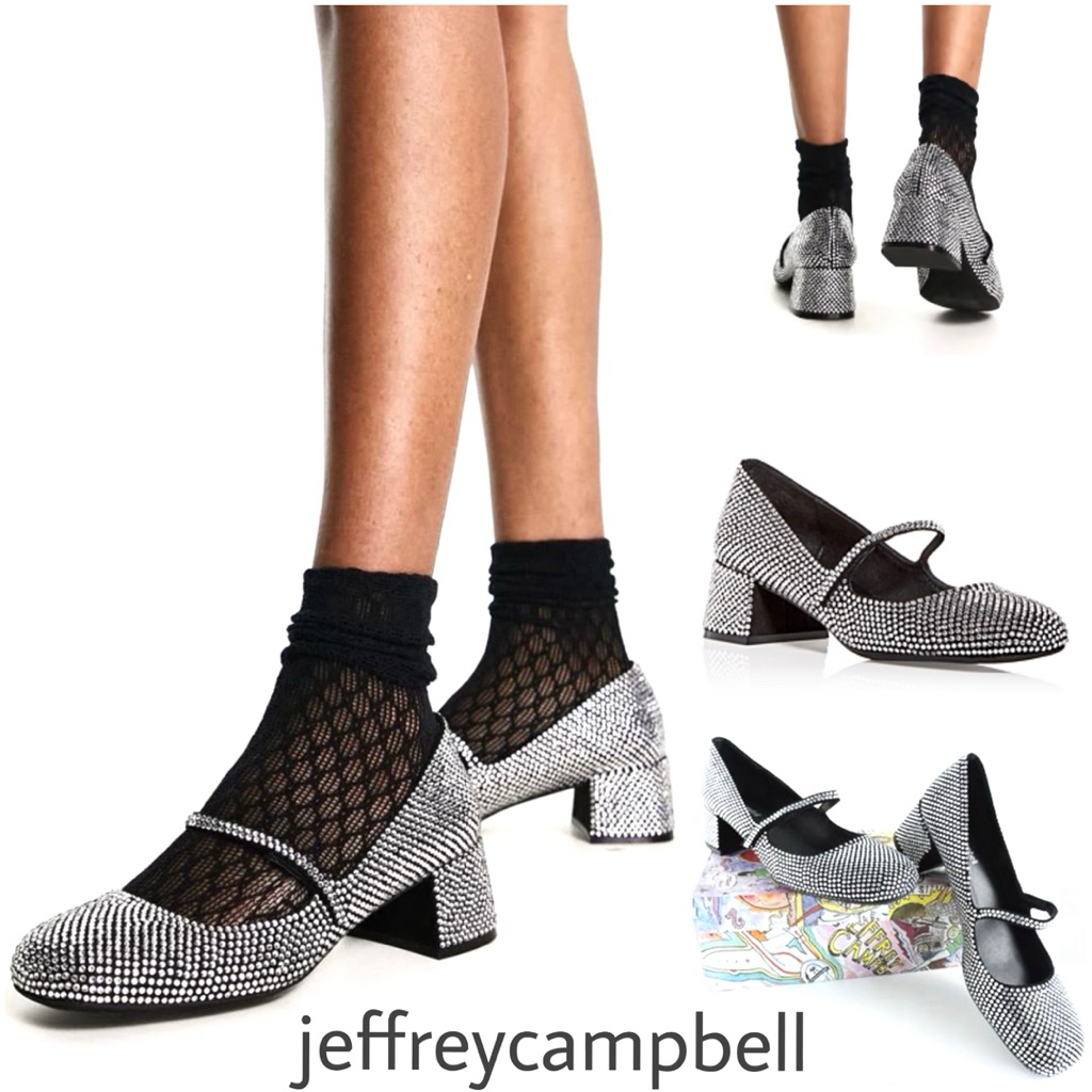 [AUTH] Giày cao gót JEFFREY CAMPBELL Regal embellished mary-janes đính đá mũi tròn gót trụ 5cm size3