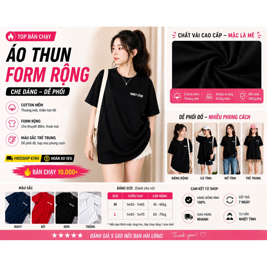 Áo thun nam nữ form rộng basic dễ phối đồ cotton dày đẹp NANCY STORE