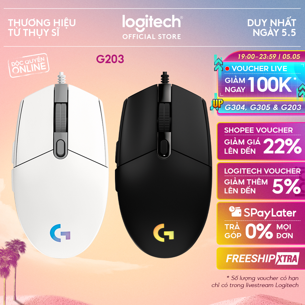 Chuột gaming có dây Logitech G203 Lightsync - Tùy chỉnh RGB, 6 nút lập trình, nhẹ