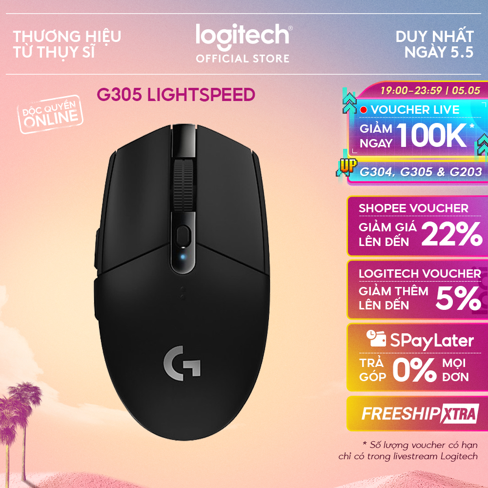 Chuột gaming không dây Logitech G G305 LIGHTSPEED - Hero 12K DPI, Nhẹ 99g, 6 nút lập trình, Pin 250h