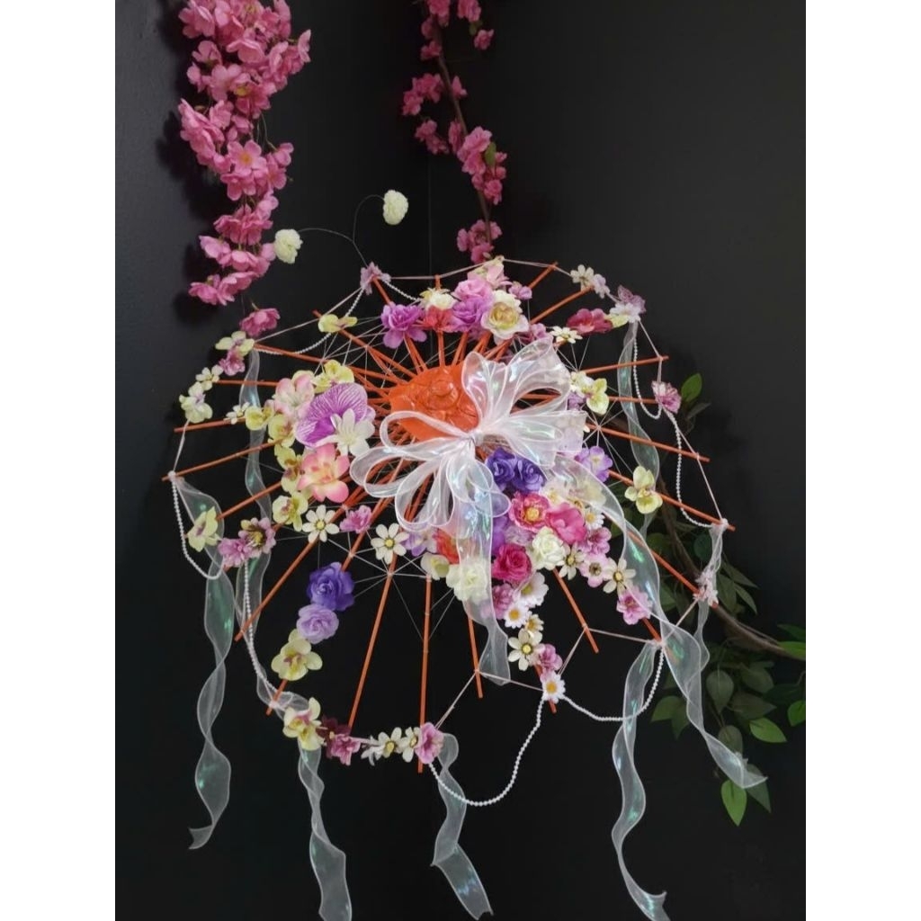 Ô lọng bướm hoa cách tân handmade kì công 84cm có đan len nan ô hàng new có sẵn giá siêu rẻ dùng chụ