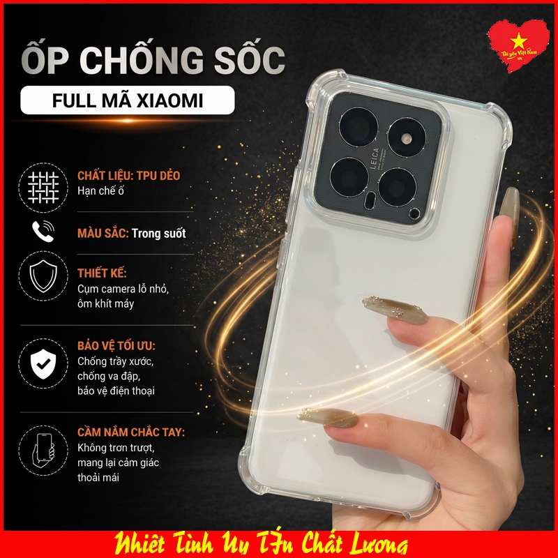 Ốp lưng chống sốc Xiaomi Mi14, Mi 14 Ultra, Mi 14 Pro, chất liệu TPU trong suốt có G 4 góc hạn chế ố