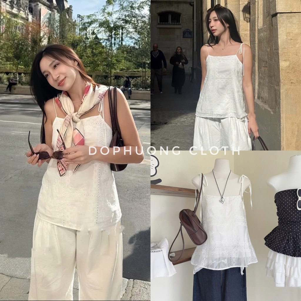 (Hàng đẹp sẵn) Áo hai dây nữ thô boi họa tiết dập thêu buộc dây vai basic phù hợp đi biển, cafe sống ảo HELLY TOP