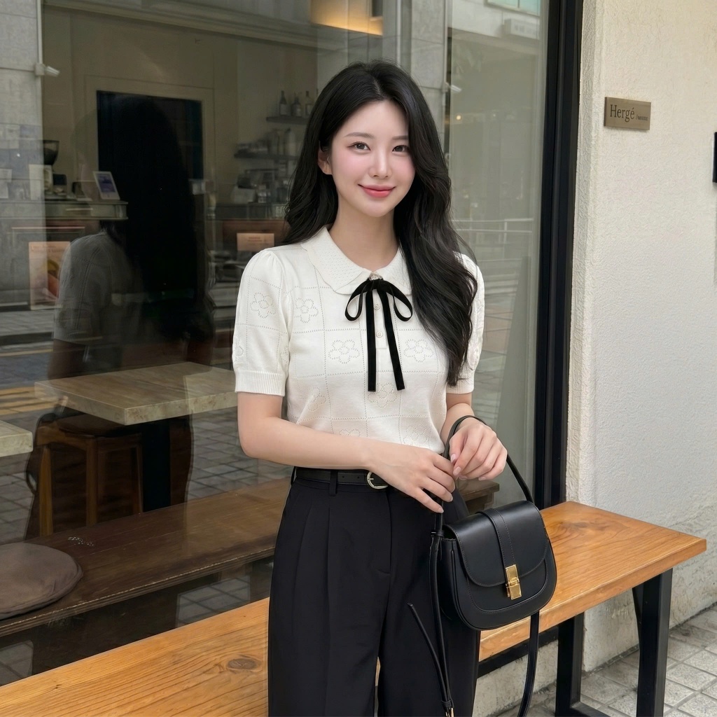 DELIZ - Áo len nữ cổ sen phối nơ dệt đục lỗ thoáng khí kết hợp họa tiết hoa dễ thương DELIZ PL308 | BigBuy360 - bigbuy360.vn