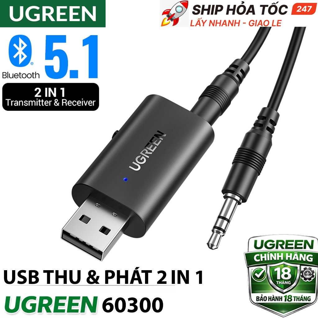 USB Thu Phát Bluetooth 2 trong 1 UGREEN 60300 Cao Cấp, USB Bluetoth 5.1 Transmitter + Receiver