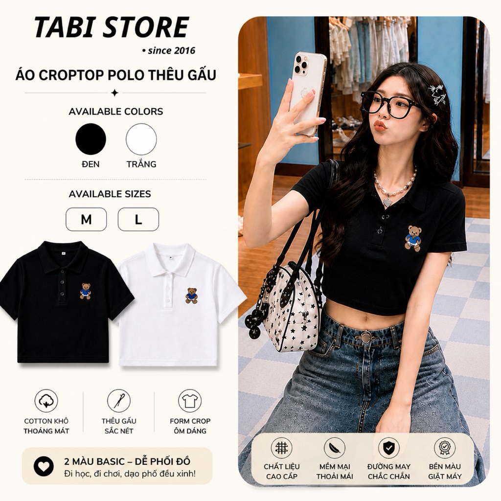 Áo Croptop Polo Nữ Thêu Gấu Tabi Store – Áo Thun Croptop Form Ôm Cotton Khô Mát, Basic Dễ Phối (Dưới