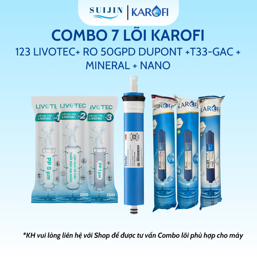 Combo 7 Lõi Lọc Karofi Gồm Lõi 123 Livotec - Màng RO50GPD Dupont Mỹ - 3 Lõi Chức Năng T33, Mineral, 
