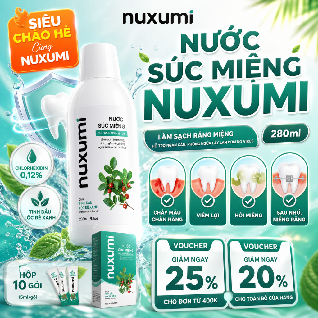 Nước Súc Miệng Nuxumi 280ml Chlorhexidine 0.12% Không Cồn – Giảm Hôi Miệng, Chăm Sóc Nướu, Kháng Khu