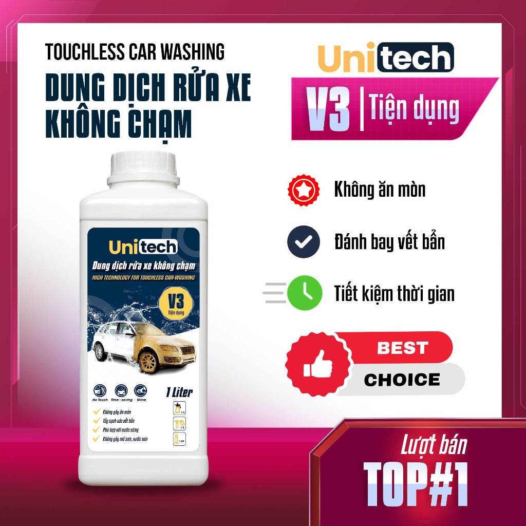 Nước rửa xe không chạm UNITECH V3 (1 lít) | Xà bông bọt tuyết rửa xe không chạm siêu sạch, tiết kiệm