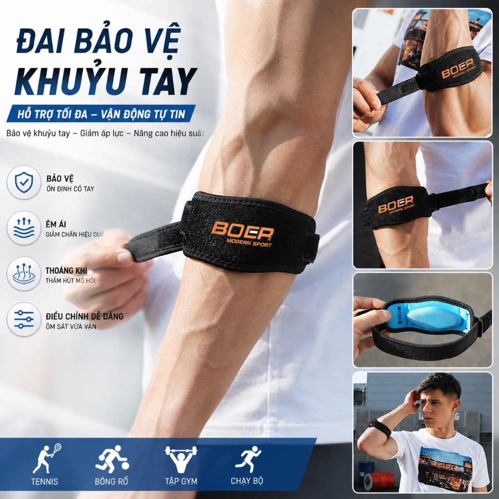 Đai Quấn Khuỷu Tay Tennis Elbow Boer Sport 7949 – Băng Hỗ Trợ Giảm Đau Khuỷu Tay Chơi Tennis, Pickle