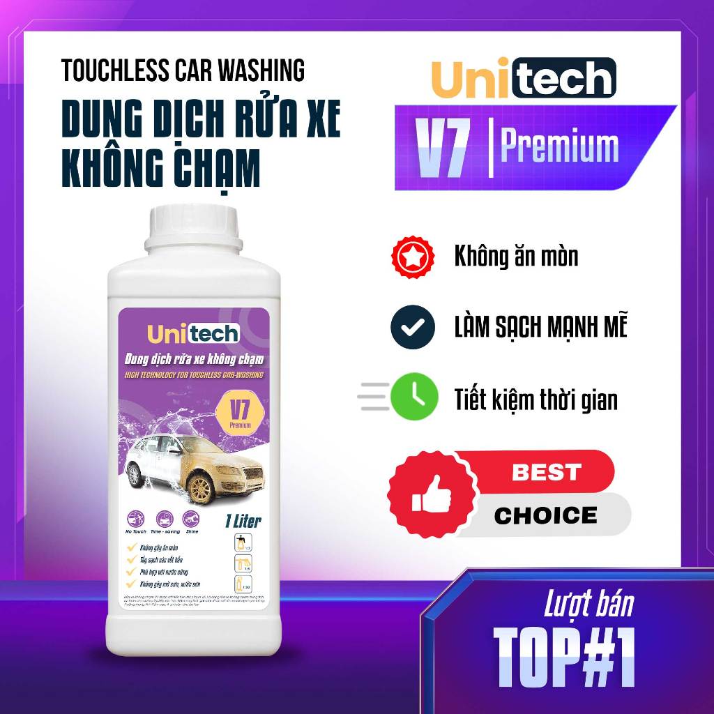 Nước Rửa Xe Không Chạm UNITECH V7 (1 lít) | Bọt tuyết Rửa Xe Không Chạm Siêu Sạch