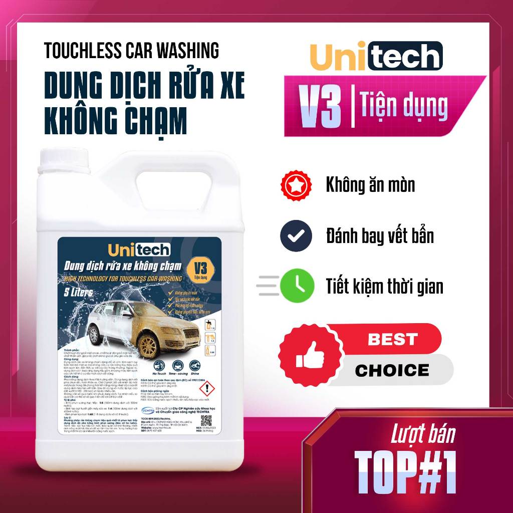 Nước rửa xe bọt tuyết không chạm UNITECH V3 (5 lít), Dung dịch rửa xe không chạm V3 chính hãng