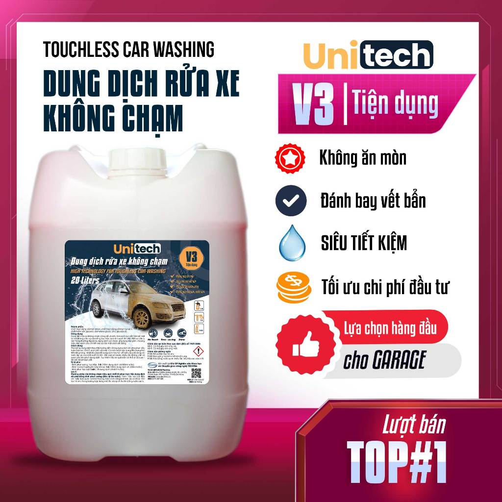 Nước rửa xe không chạm UNITECH V3 (can 20 lít) - Dung dịch không chạm chính hãng, giá tốt