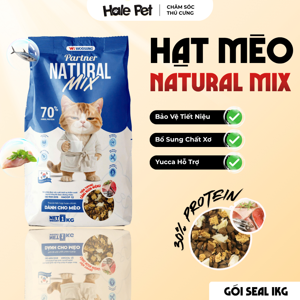 [SEAL 1KG] Hạt cho mèo Natural MIX - Đạm 30%, TOPPING thịt sấy, Dễ tiêu hoá, Woosung Catday Hàn Quốc